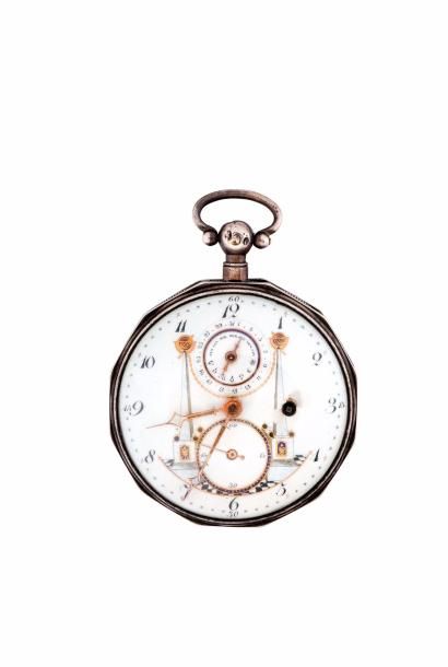 Montre à verge en argent à calendrier et...