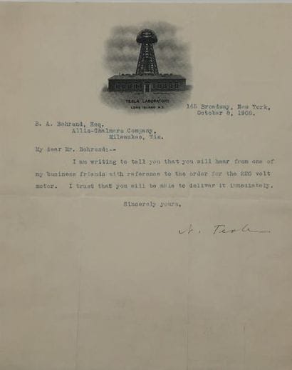 TESLA, Nicolas, ingénieur et inventeur (1856-1943).
Lettre...