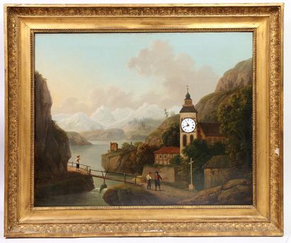 Paysage alpestre, vers 1840.
Dans un paysage...