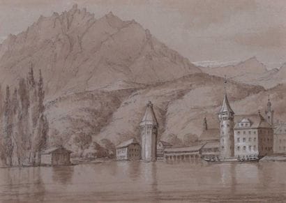 Lucerne, Le château Gütsch (?) et paysans...