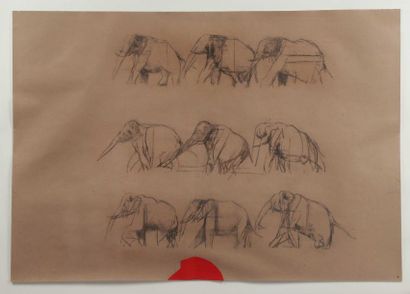 DAMIRON (?)
Neuf éléphants Fusain sur papier...
