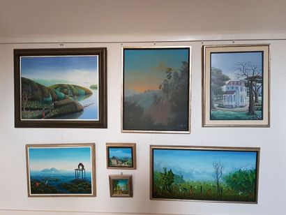 Lot de 7 peintures naïves de tailles diverses...
