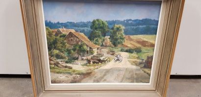 Luc HUEBER ( 1888-1974 ),ferme et charette...