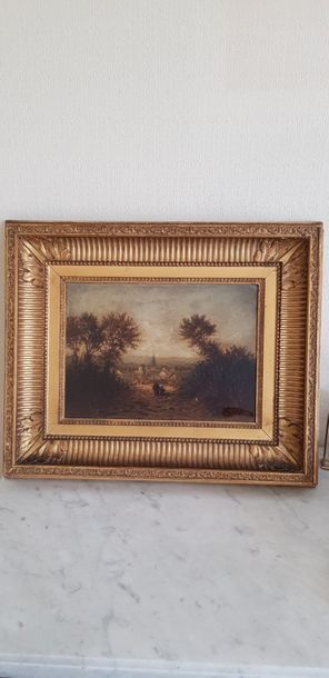 Une huile sur panneau, vue de village, signé...