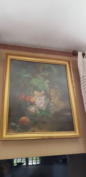 Nature morte aux fleurs, fruits et insectes....
