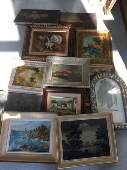 lot de pièces encadrées dont huile sur t...