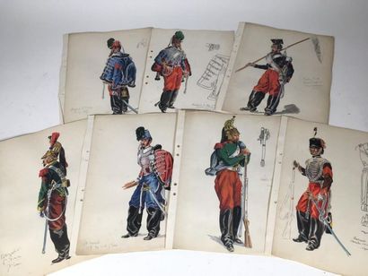 Lot de 7 dessins de costumes militaire du...