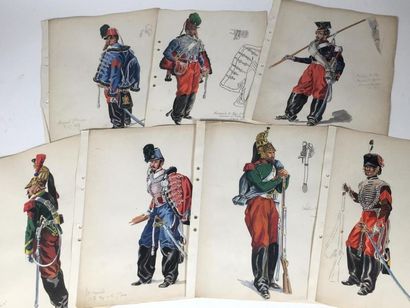 Lot de 7 dessins de costumes militaire du...