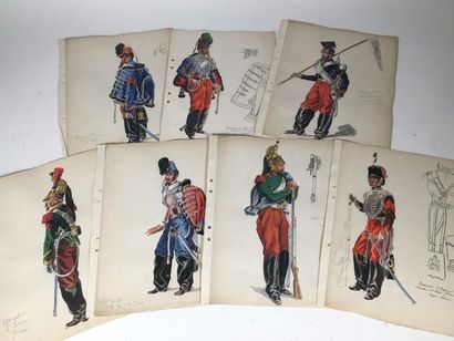 Lot de 7 dessins de costumes militaire du...