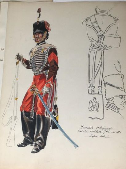Lot de 7 dessins de costumes militaire du...