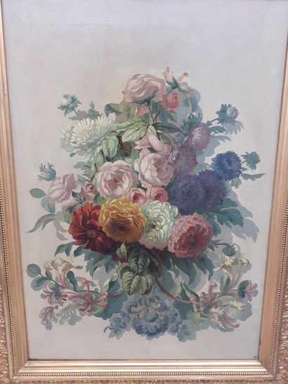Ecole lyonnaise, 
Bouquet de Fleurs, 
Huile...