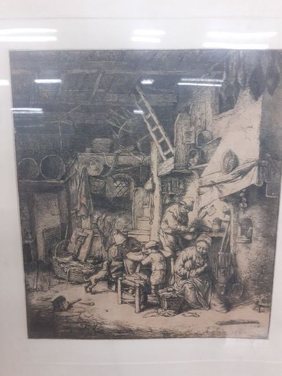 Ecole flamande 17ème siècle 
Scène d'intérieur
Gravure...