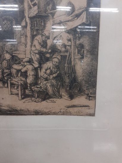 Ecole flamande 17ème siècle 
Scène d'intérieur
Gravure...