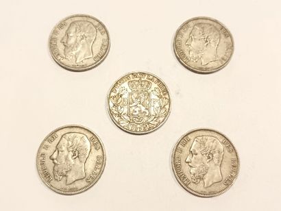 Cinq pièces de 5 Francs belges en argent,...