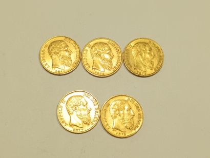 Cinq pièces de 20 Francs or, Léopold II roi...