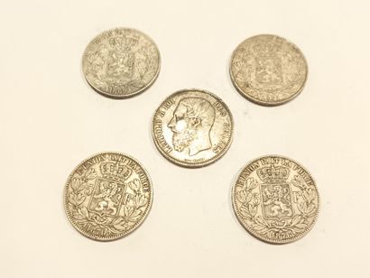 Cinq pièces de 5 Francs belges en argent,...