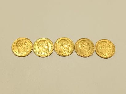 Cinq pièces de 20 Francs or, Léopold II roi...