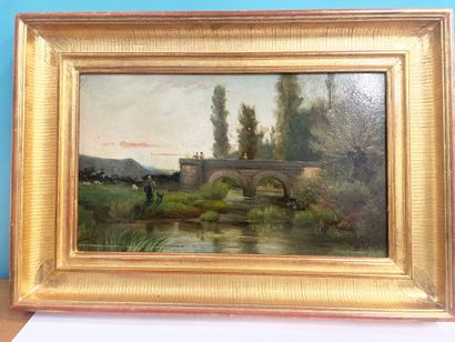 A LOMBARD
Paysage avec pont et élégantes
Huile...