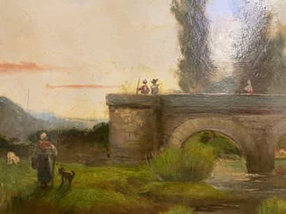 A LOMBARD
Paysage avec pont et élégantes
Huile...