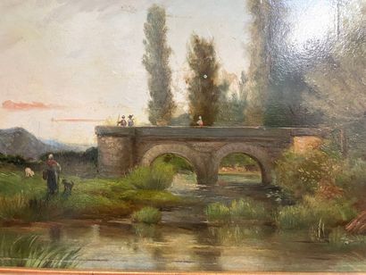 A LOMBARD
Paysage avec pont et élégantes
Huile...