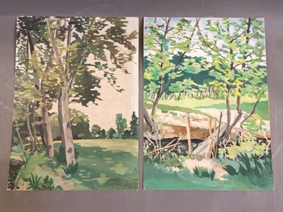 Paire de gouaches sur carton,
Plaine et ponton...