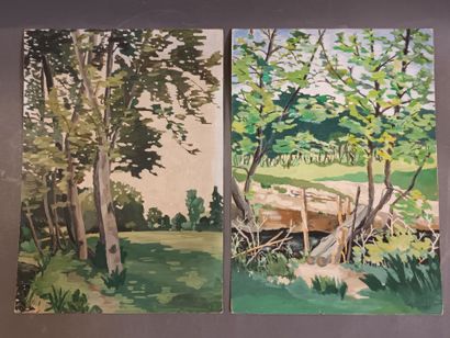 Paire de gouaches sur carton,
Plaine et ponton...