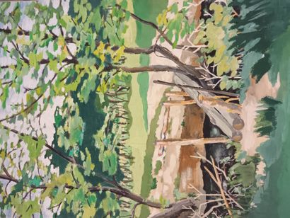Paire de gouaches sur carton,
Plaine et ponton...