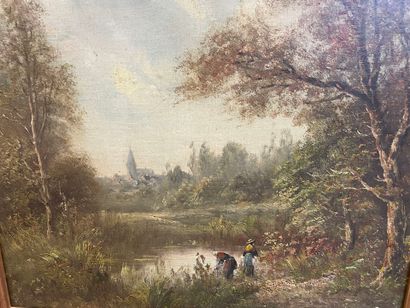 Paysage animé au clocher
Huile sur panneau
36...