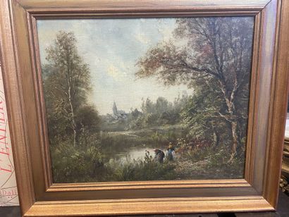 Paysage animé au clocher
Huile sur panneau
36...