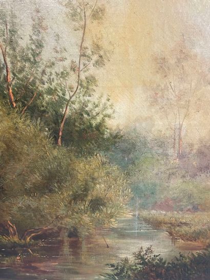 Ecole 19ème,
Paysage de bord de rivière,
Huile...