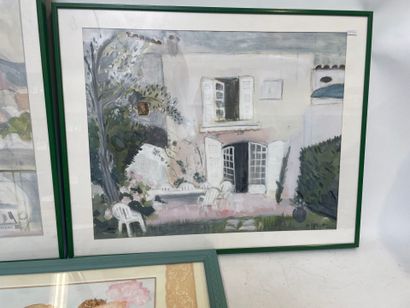 Lot de trois pièces encadrées
Aquarelle 
Vue...
