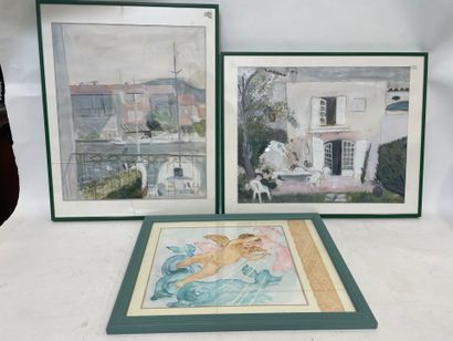 Lot de trois pièces encadrées
Aquarelle 
Vue...
