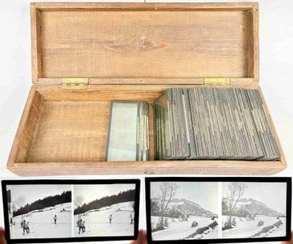 70 plaques de vues stéréoscopiques en verre...