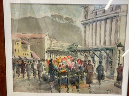 TOSSAT 
Vue d'Aix les Bains, , le marché
Aquarelle...