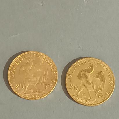 Deux pièces de 20 francs or, Marianne / Coq,...