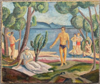 Ecole 1930 Les bains de mer, 
Huile sur toile,
Signée...