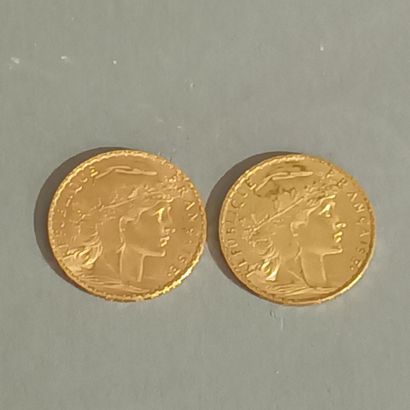 Deux pièces de 20 francs or, Marianne / Coq,...