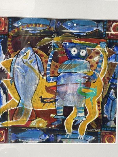 TOURNAIRE 
Chat et poisson 
Gouache sur papier
Signée...