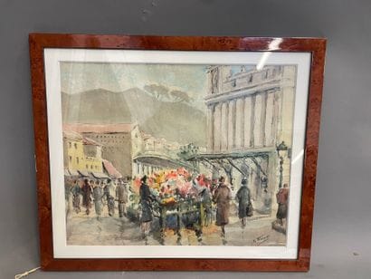 TOSSAT 
Vue d'Aix les Bains, , le marché
Aquarelle...