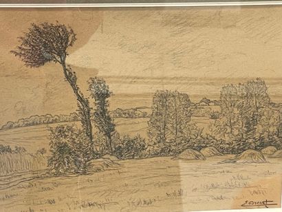 DREVET 
Paysage 
Dessin sur papier brun,...