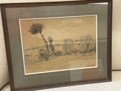 DREVET 
Paysage 
Dessin sur papier brun,...