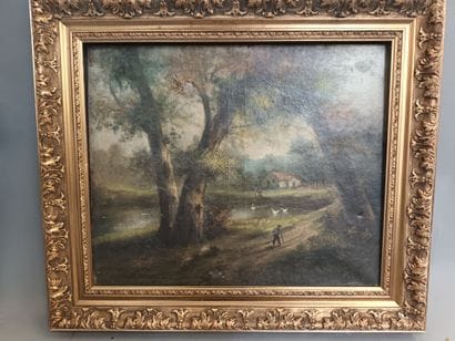 Paysage,
Huile sur toile
Encadrement XIXe...
