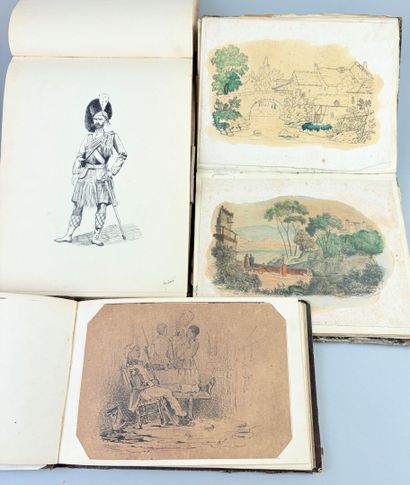 Ensemble de 3 albums in-8 de dessins originaux...