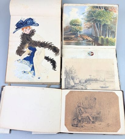 Ensemble de 3 albums in-8 de dessins originaux...