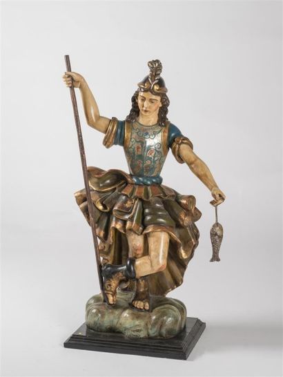 Archange en bois sculpté polychrome, tenant...