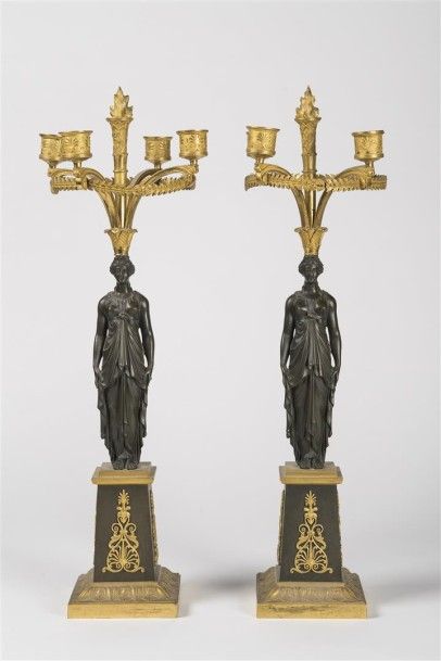 Paire de candélabres en bronze doré et patiné...