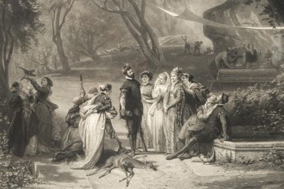Gravure en noir 19ème siècle, le rendez-vous...