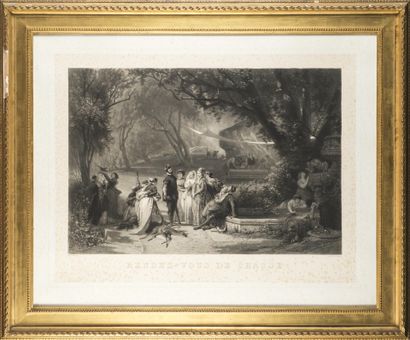 Gravure en noir 19ème siècle, le rendez-vous...