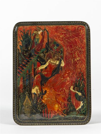 Un coffret rectangulaire en laque Russe signé
sur...