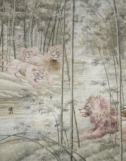 Chine, Importante broderie polychrome sur...